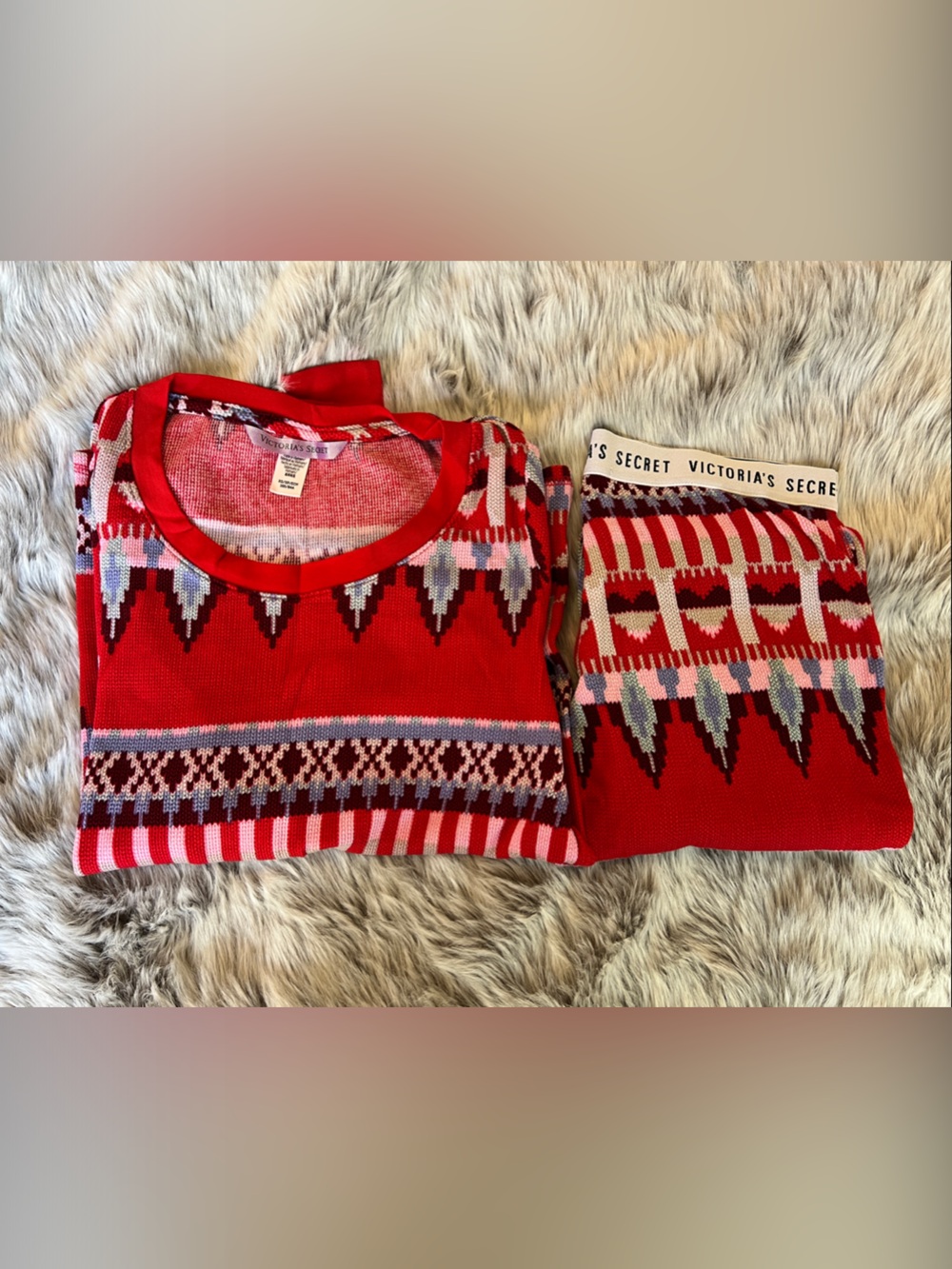 Victoria's Secret Red Fair Isle Knit Sweatshirt PJ Set